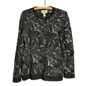 Chicos Design Floral Stitch Button Up Cardigan Sweater Black_Size 3 / XL